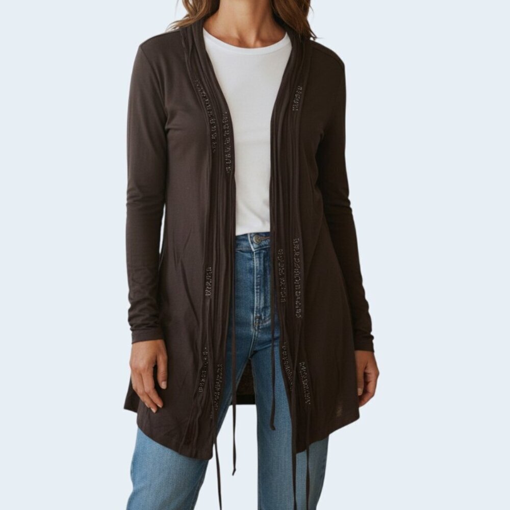 Kenar Women's Cardigan Duster Open Front Tie Black Beaded Long Sleeve Small EUC